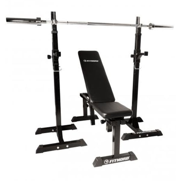 FitNord Penkkipunnerrus- ja kyykkytelineet säädettävän vinopenkin kanssa (Vinopenkki tilattavissa erikseen)